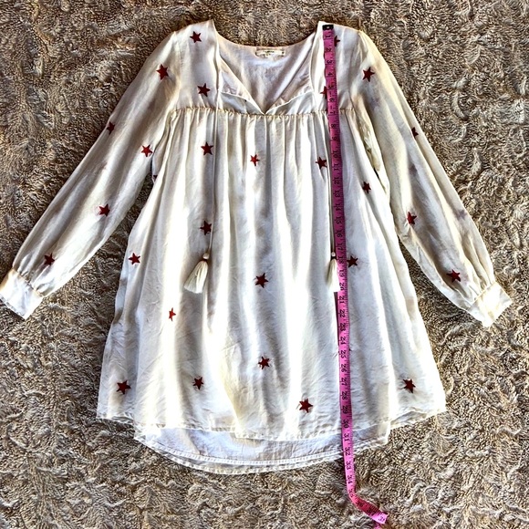 Tularosa Long Sleeve Cosmic Star Dress Silk and Cotton Ivory Colored Red Stars. - Picture 8 of 12